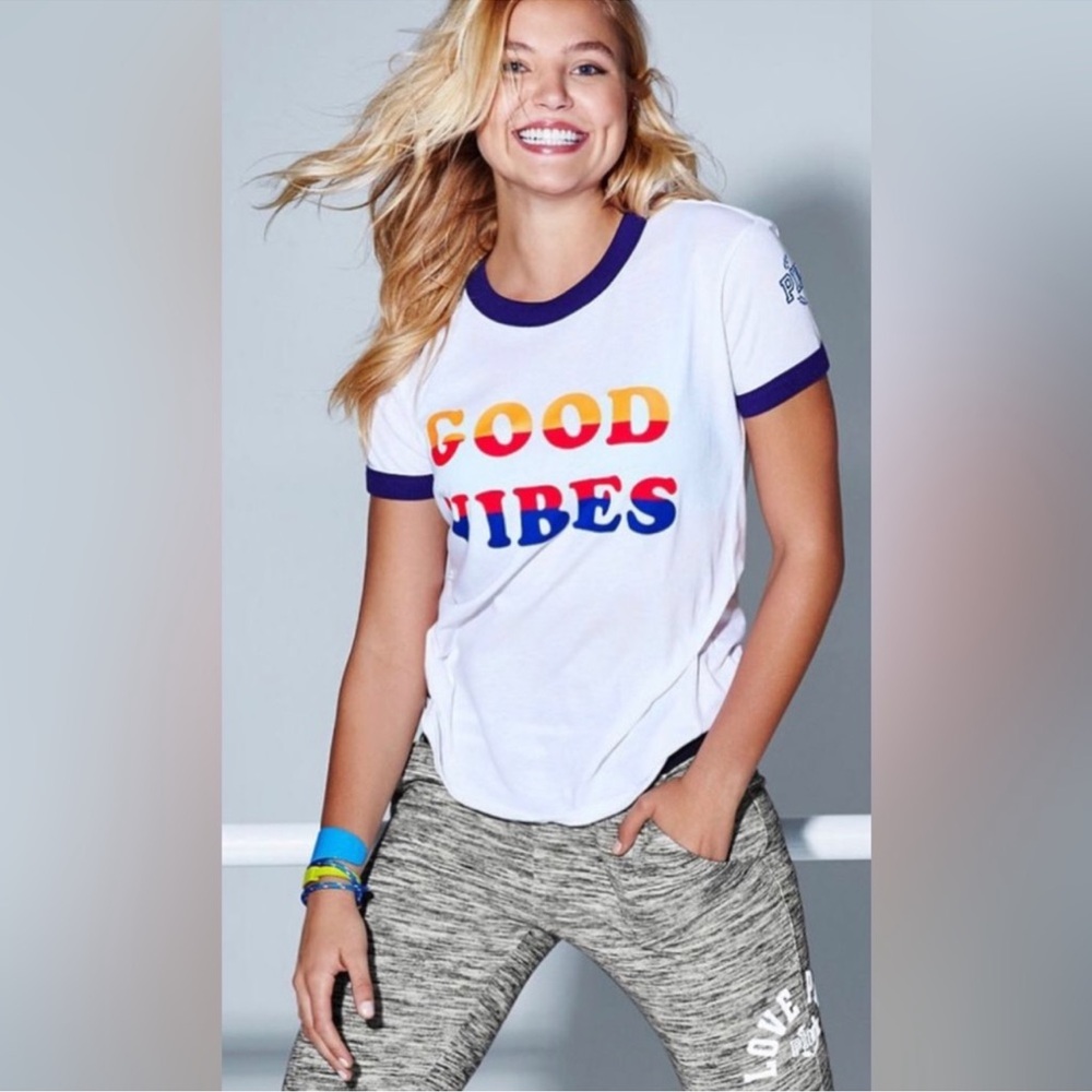 Victoria’s Secret Pink Good Vibes Ringer T-Shirt. XS